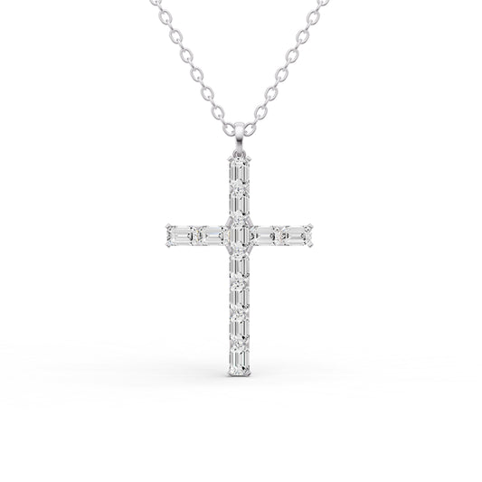 W Emerald Cut Lab Grown Diamond Cross Pendant Prong Setting