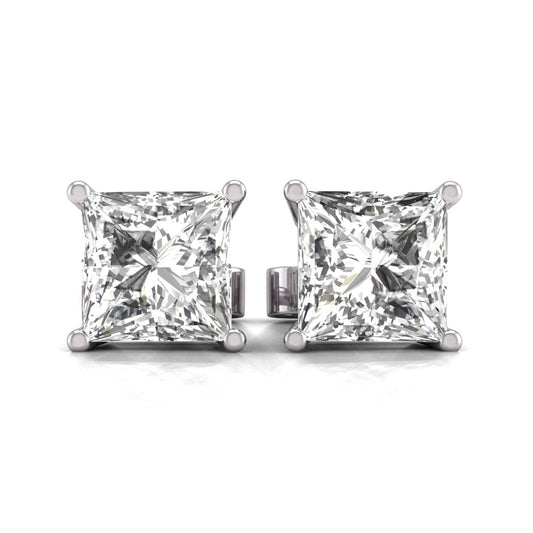 W Princess Cut Lab Grown Diamond Solitaire Stud Earrings with Basket Setting Pushbacks