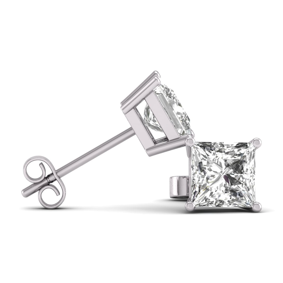 W Princess Cut Lab Grown Diamond Solitaire Stud Earrings with Basket Setting Pushbacks