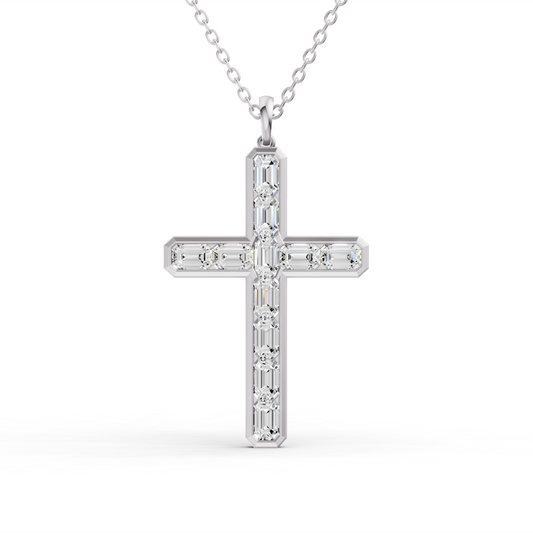 W Emerald Cut Lab Grown Diamond Cross Pendant Bezel Setting