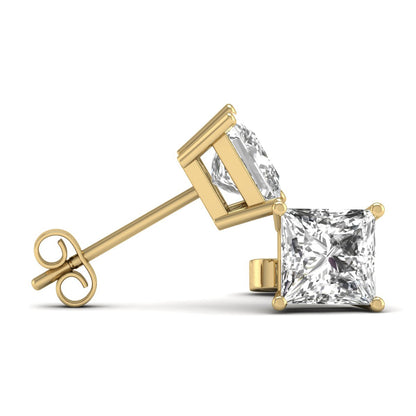 W Princess Cut Lab Grown Diamond Solitaire Stud Earrings with Basket Setting Pushbacks