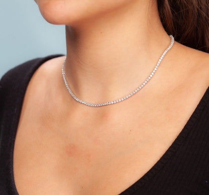 White gold diamond tennis necklace. Women’s diamond necklace in 14k white gold. 14k white gold diamond necklace
