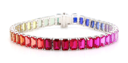 14K White Gold 6x4mm Emerald-Cut Rainbow Multicolor Gemstone Bracelet Size 7