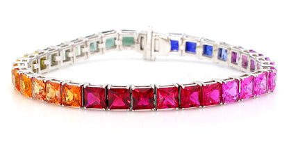 14K White Gold Rainbow Sapphire Bracelet 5mm Princess-Cut Gemstones Size 7