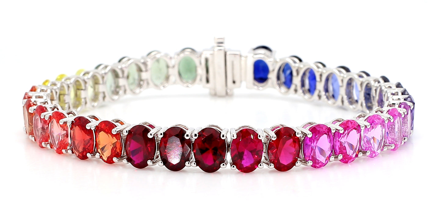 14K White Gold Oval Rainbow Gemstone Bracelet 7x5mm Multicolor Tennis Size 7