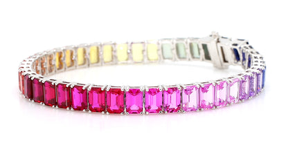 14K White Gold 6x4mm Emerald-Cut Rainbow Multicolor Gemstone Bracelet Size 7