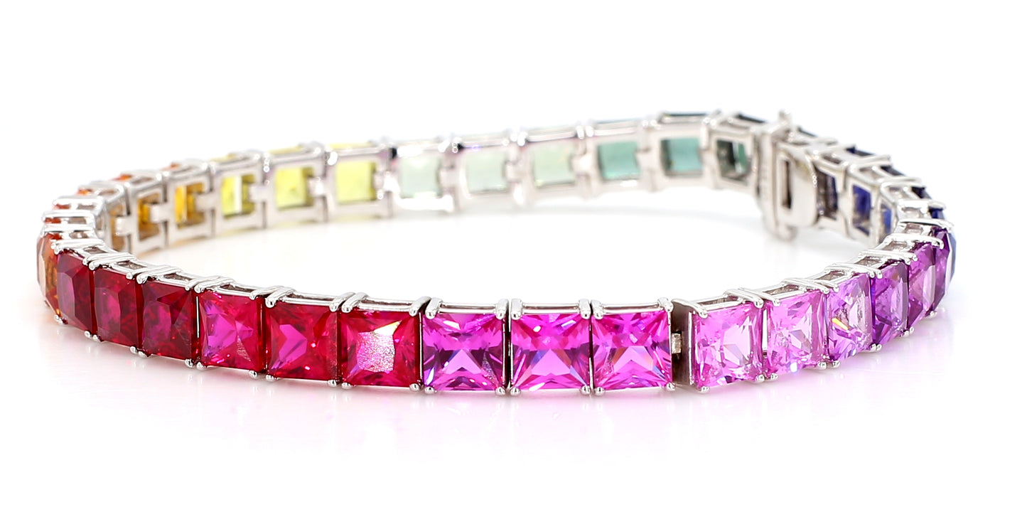 14K White Gold Rainbow Sapphire Bracelet 5mm Princess-Cut Gemstones Size 7