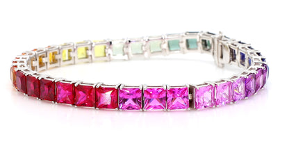 14K White Gold Rainbow Sapphire Bracelet 5mm Princess-Cut Gemstones Size 7