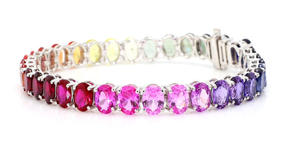 14K White Gold Oval Rainbow Gemstone Bracelet 7x5mm Multicolor Tennis Size 7
