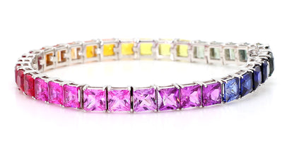 14K White Gold Rainbow Sapphire Bracelet 5mm Princess-Cut Gemstones Size 7