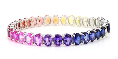 14K White Gold Oval Rainbow Gemstone Bracelet 7x5mm Multicolor Tennis Size 7