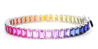 14K White Gold 6x4mm Emerald-Cut Rainbow Multicolor Gemstone Bracelet Size 7