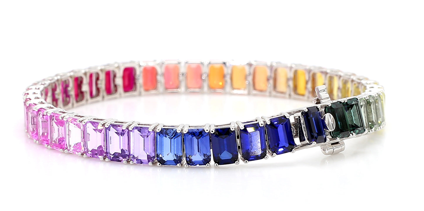 14K White Gold 6x4mm Emerald-Cut Rainbow Multicolor Gemstone Bracelet Size 7