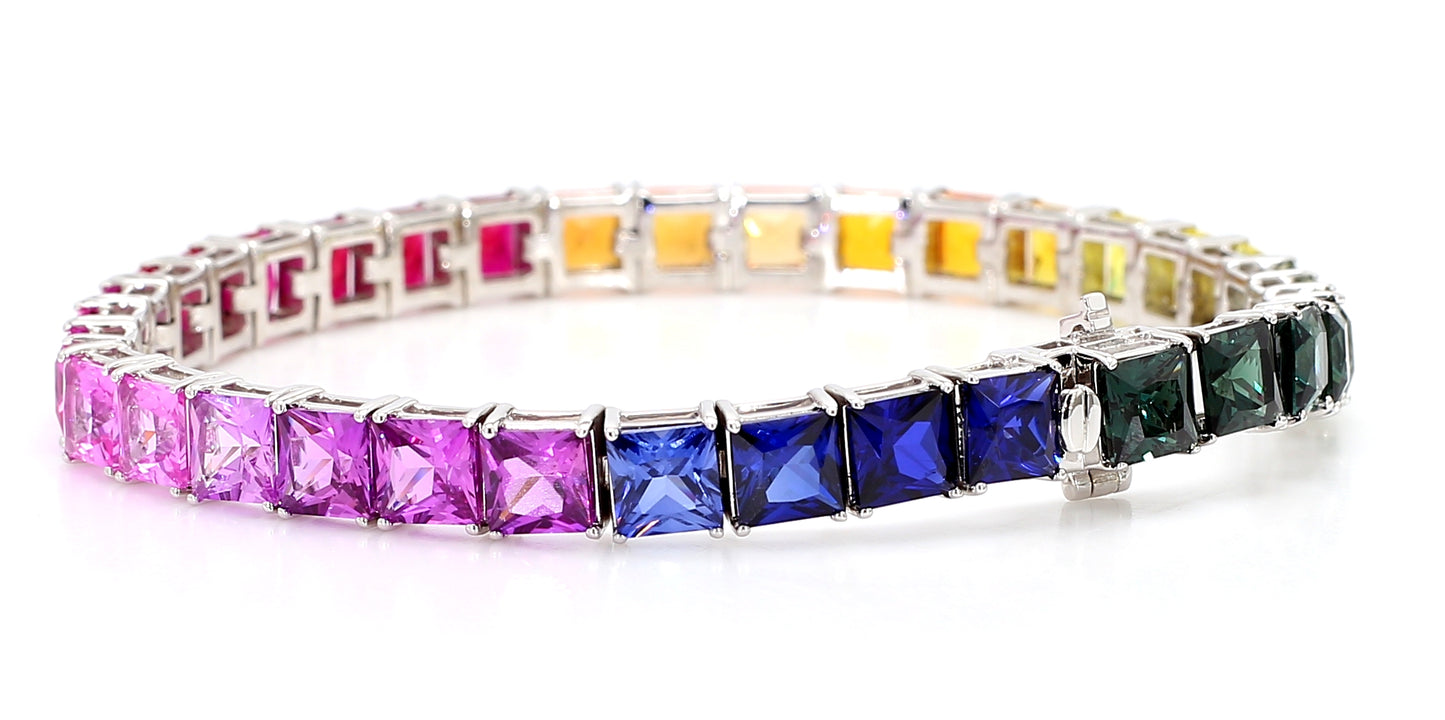 14K White Gold Rainbow Sapphire Bracelet 5mm Princess-Cut Gemstones Size 7