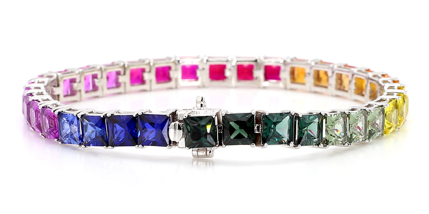 14K White Gold Rainbow Sapphire Bracelet 5mm Princess-Cut Gemstones Size 7