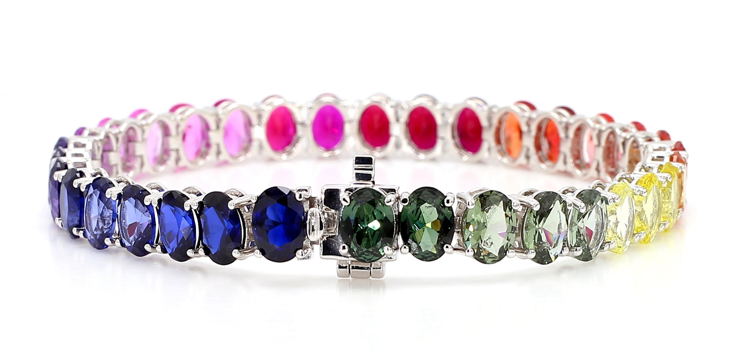 14K White Gold Oval Rainbow Gemstone Bracelet 7x5mm Multicolor Tennis Size 7