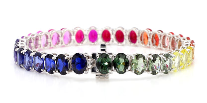 14K White Gold Oval Rainbow Gemstone Bracelet 7x5mm Multicolor Tennis Size 7