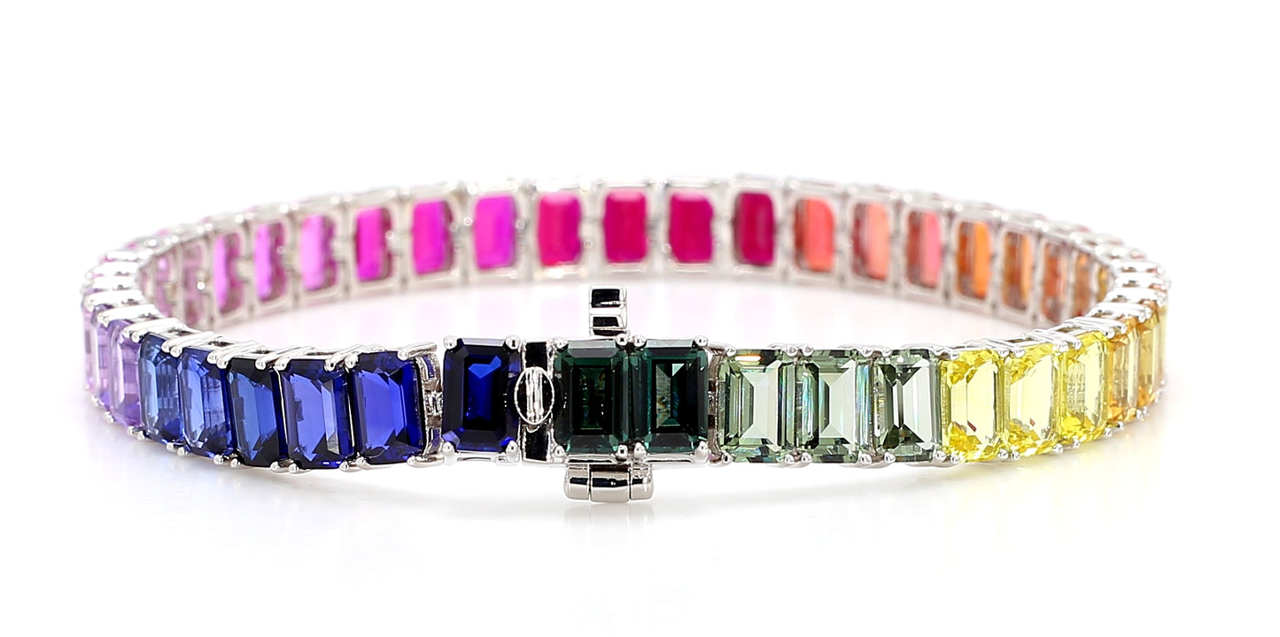 14K White Gold 6x4mm Emerald-Cut Rainbow Multicolor Gemstone Bracelet Size 7