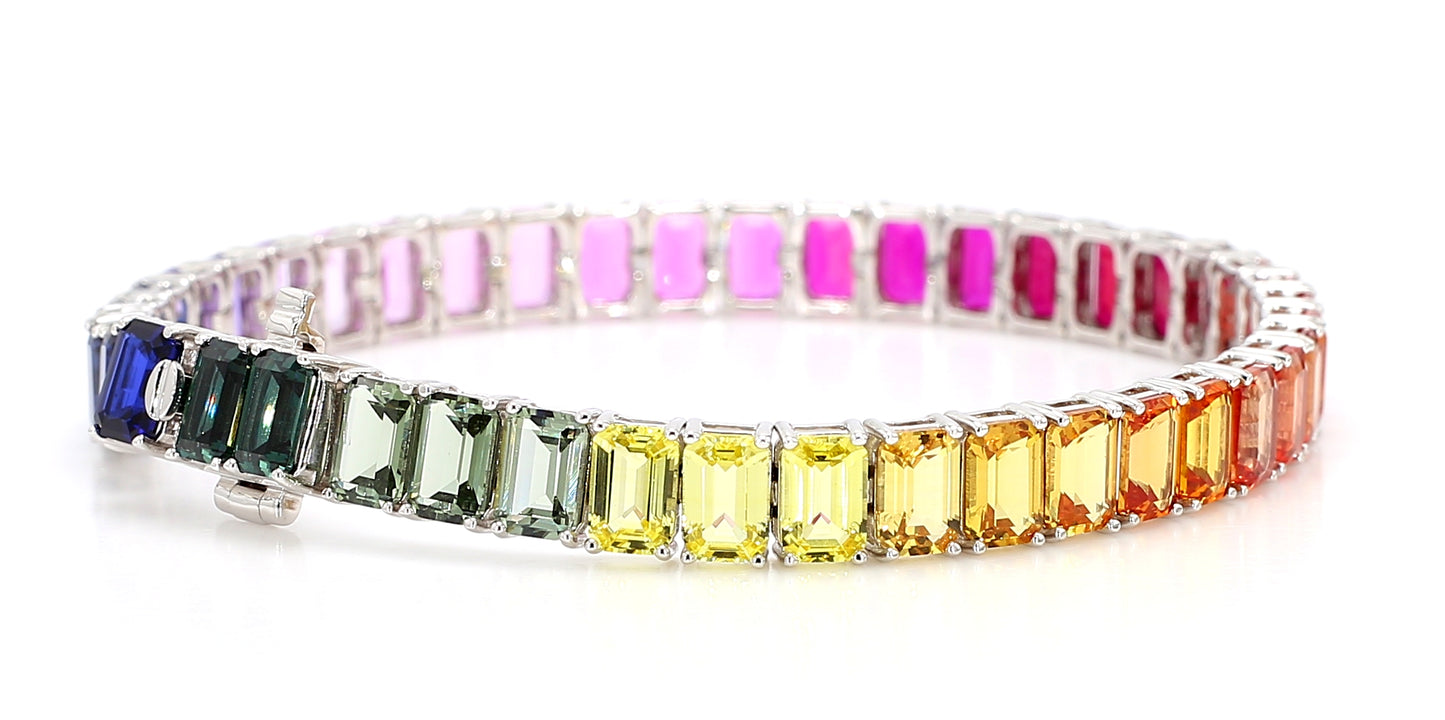 14K White Gold 6x4mm Emerald-Cut Rainbow Multicolor Gemstone Bracelet Size 7