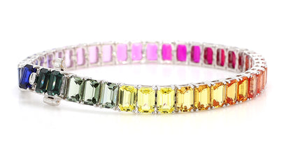 14K White Gold 6x4mm Emerald-Cut Rainbow Multicolor Gemstone Bracelet Size 7