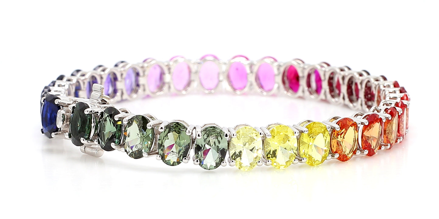 14K White Gold Oval Rainbow Gemstone Bracelet 7x5mm Multicolor Tennis Size 7