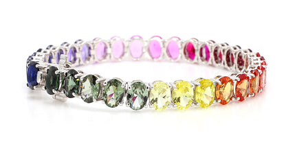 14K White Gold Oval Rainbow Gemstone Bracelet 7x5mm Multicolor Tennis Size 7