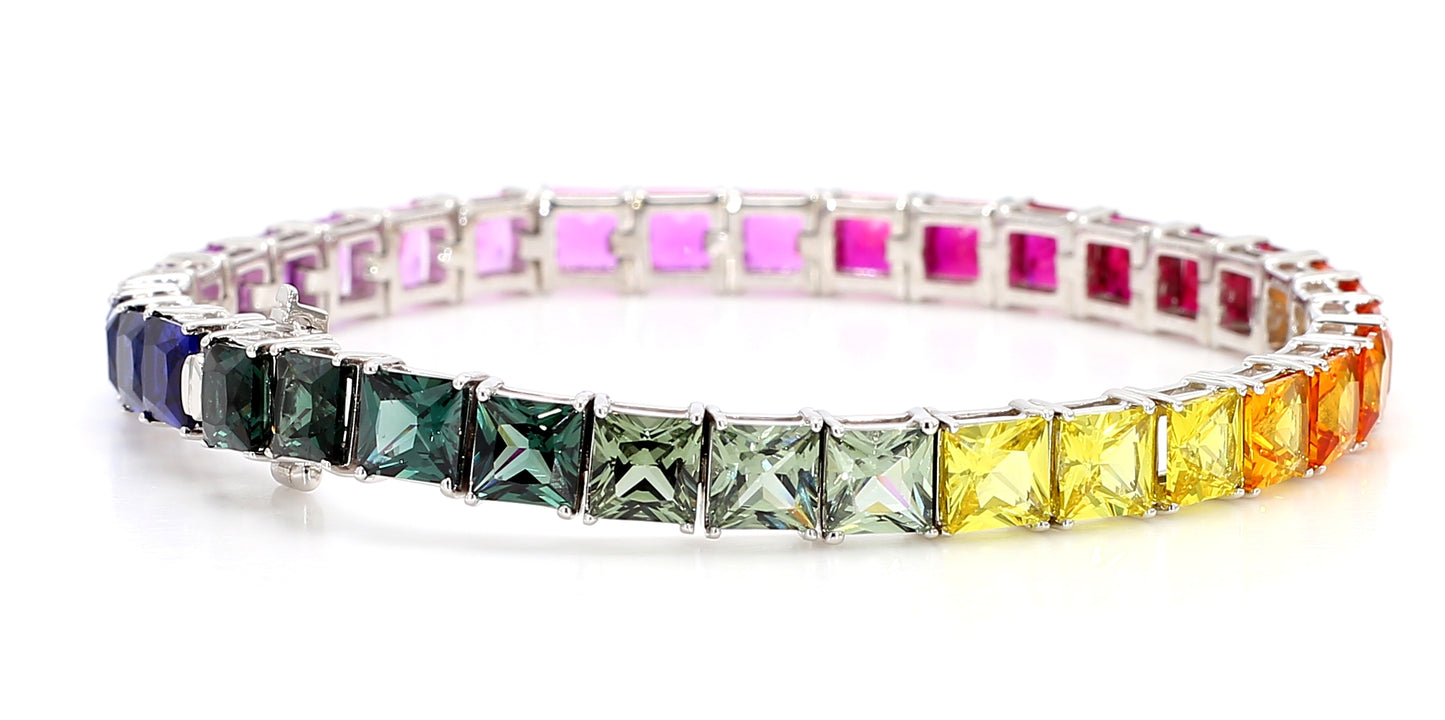 14K White Gold Rainbow Sapphire Bracelet 5mm Princess-Cut Gemstones Size 7
