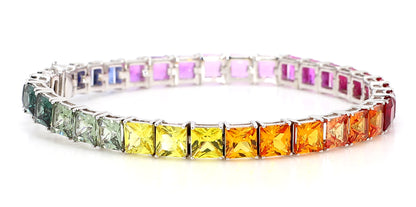 14K White Gold Rainbow Sapphire Bracelet 5mm Princess-Cut Gemstones Size 7