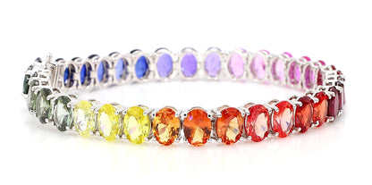 14K White Gold Oval Rainbow Gemstone Bracelet 7x5mm Multicolor Tennis Size 7