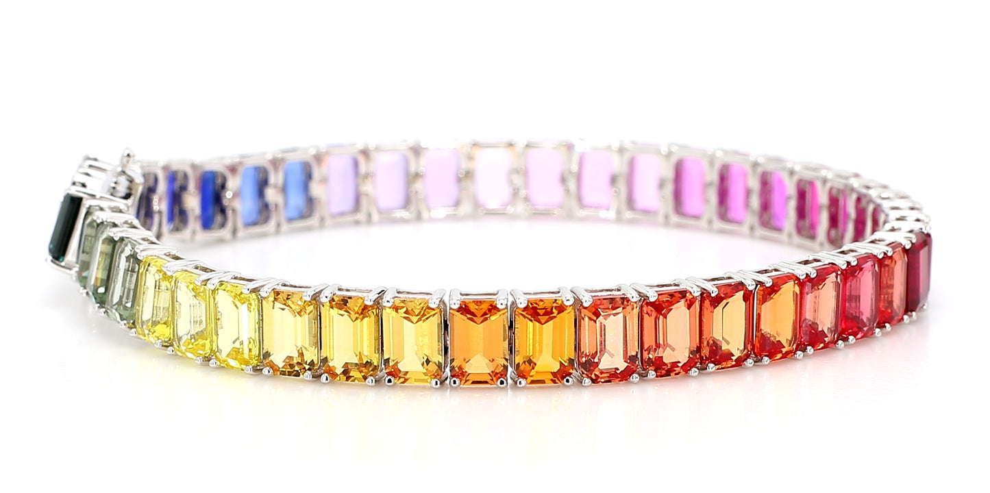 14K White Gold 6x4mm Emerald-Cut Rainbow Multicolor Gemstone Bracelet Size 7