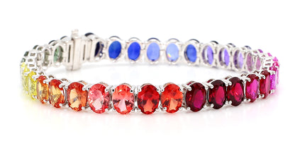 14K White Gold Oval Rainbow Gemstone Bracelet 7x5mm Multicolor Tennis Size 7