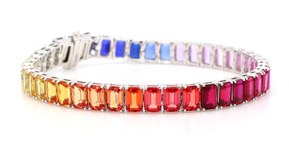14K White Gold 6x4mm Emerald-Cut Rainbow Multicolor Gemstone Bracelet Size 7