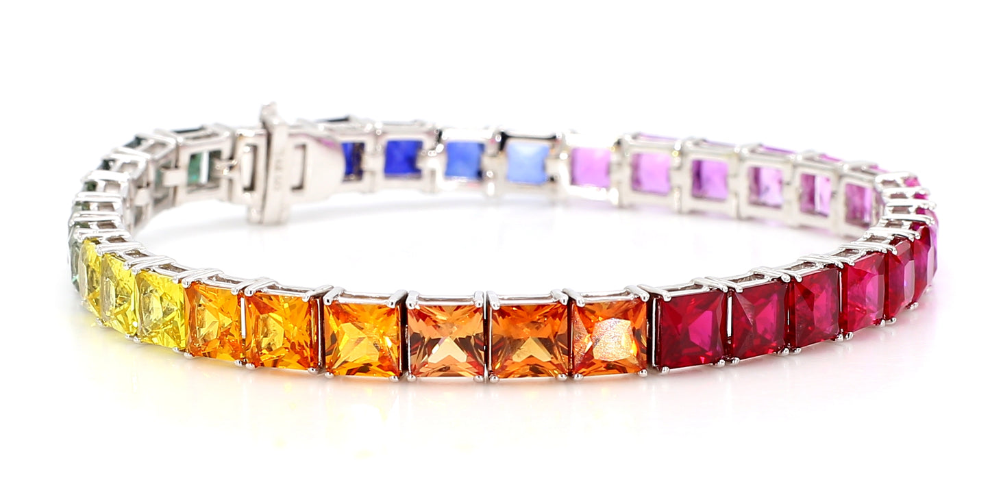 14K White Gold Rainbow Sapphire Bracelet 5mm Princess-Cut Gemstones Size 7