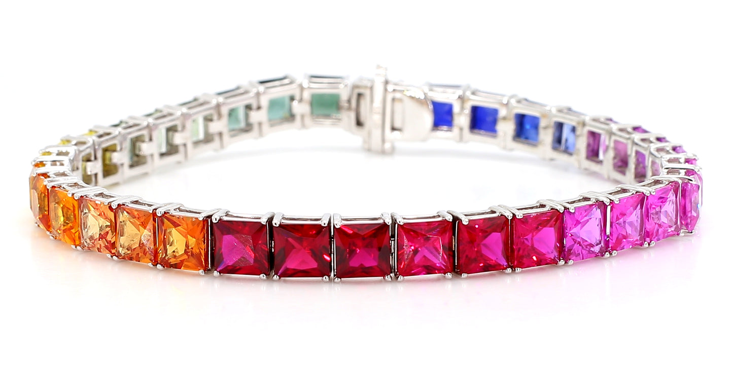 14K White Gold Rainbow Sapphire Bracelet 5mm Princess-Cut Gemstones Size 7
