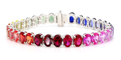 14K White Gold Oval Rainbow Gemstone Bracelet 7x5mm Multicolor Tennis Size 7